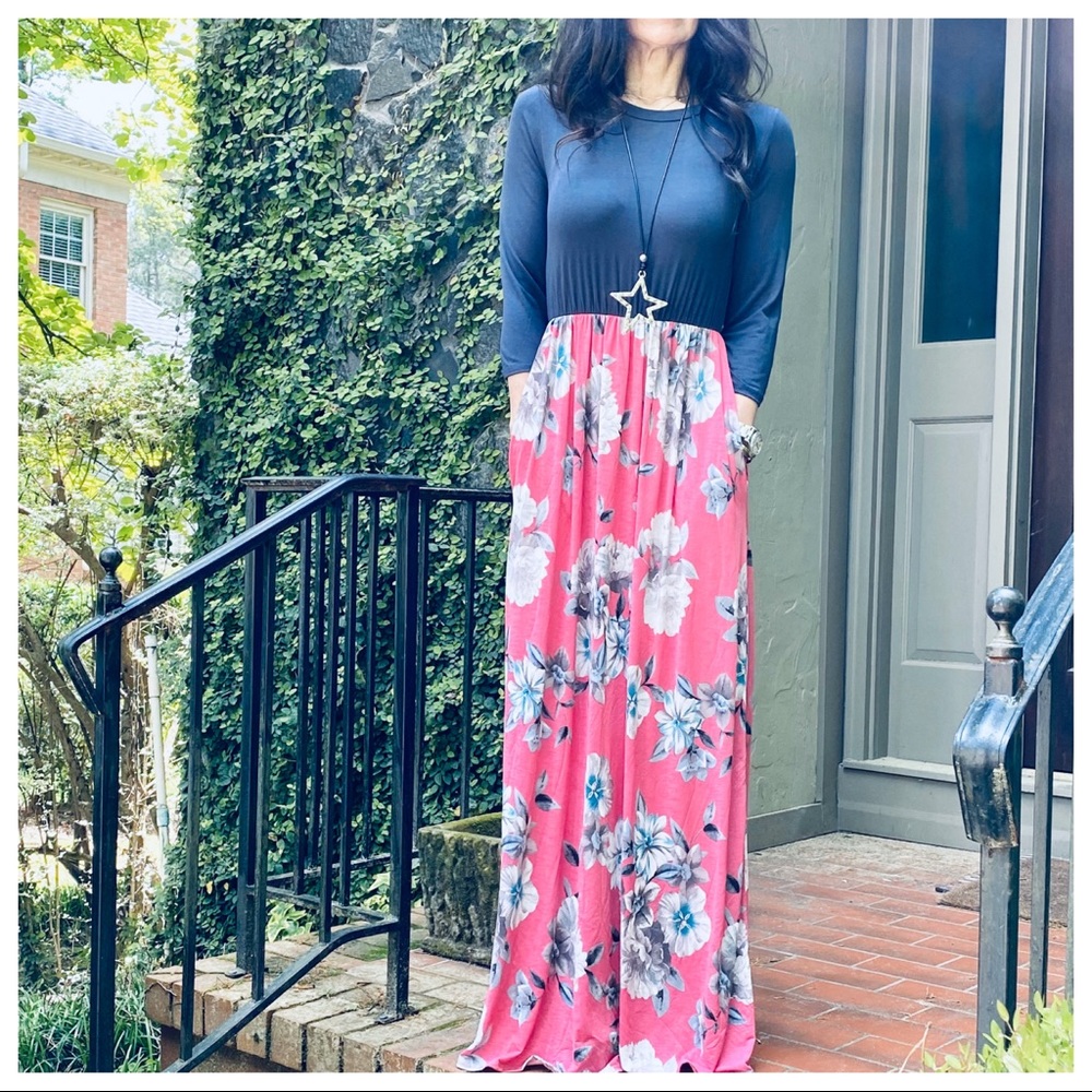 ✨LAST ONE✨CHARCOAL FLORAL SIDE POCKETS MAXI DRESS - Picture 8 of 13